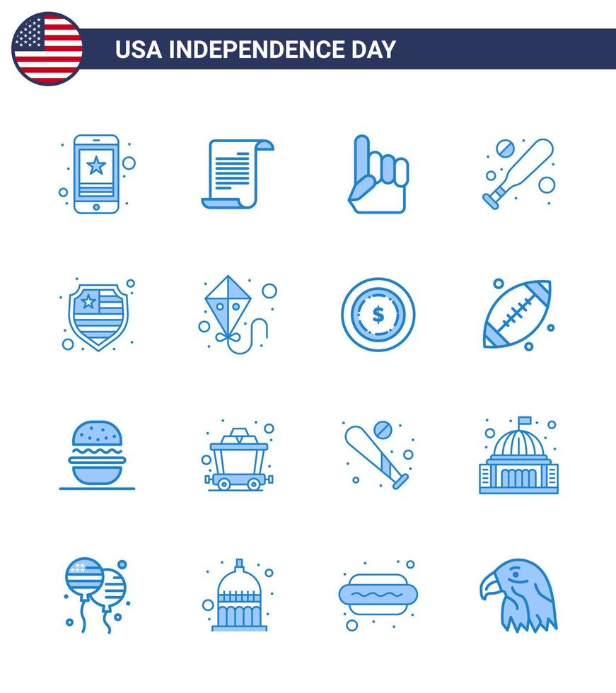 Pack of 16 creative USA Independence Day related Blues of protection hardball usa bat american Editable USA Day Vector Design Elements