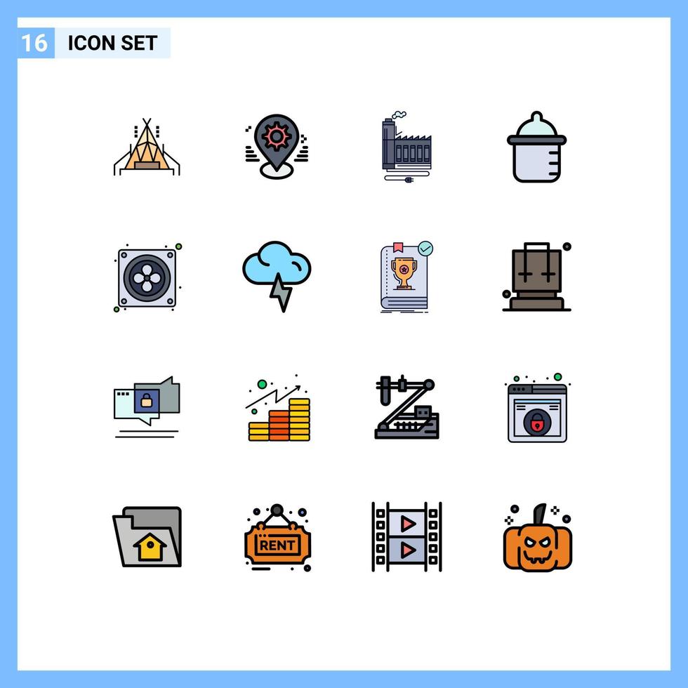 Universal Icon Symbols Group of 16 Modern Flat Color Filled Lines of fan infant consumption bottle manufacturing Editable Creative Vector Design Elements