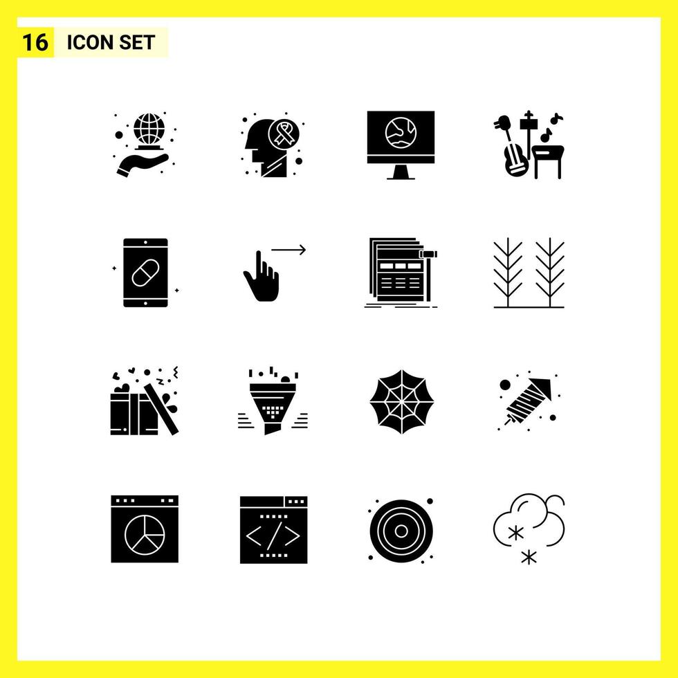 Modern Set of 16 Solid Glyphs Pictograph of health song app music network Editable Vector Design Elements