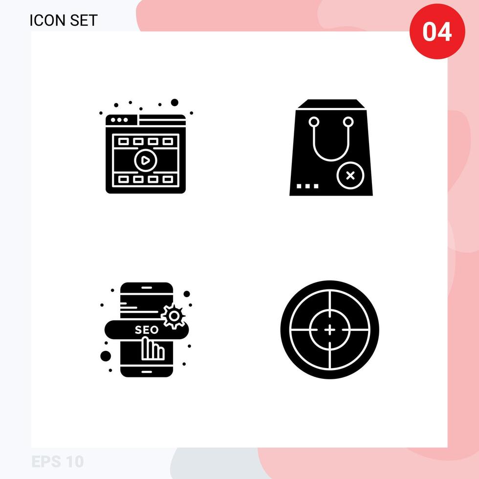 Mobile Interface Solid Glyph Set of 4 Pictograms of browser marketing online commerce army Editable Vector Design Elements