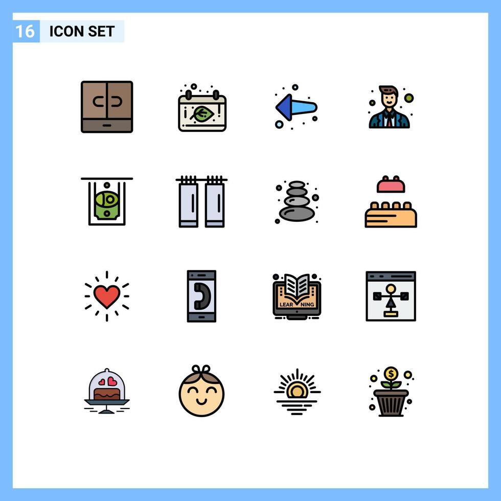 16 Universal Flat Color Filled Lines Set for Web and Mobile Applications money atm arrow police avatar Editable Creative Vector Design Elements