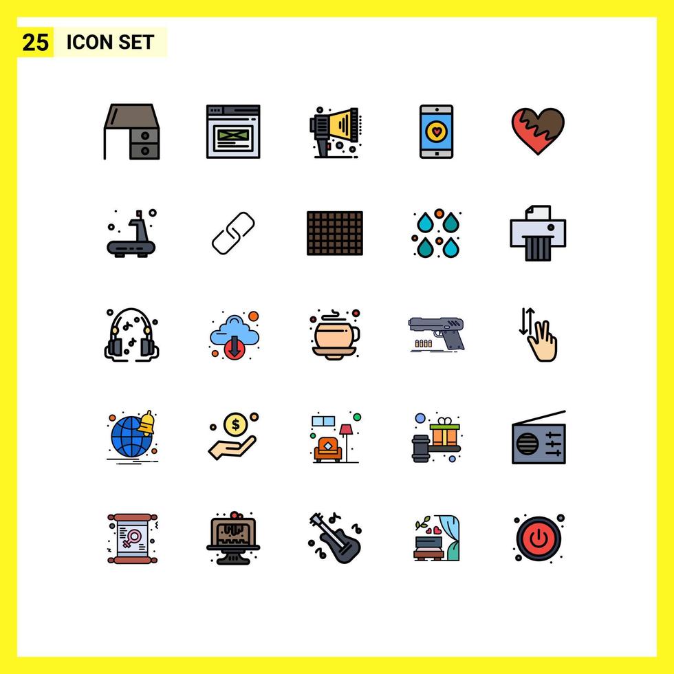 Pictogram Set of 25 Simple Filled line Flat Colors of heart mobile application website mobile speaker Editable Vector Design Elements