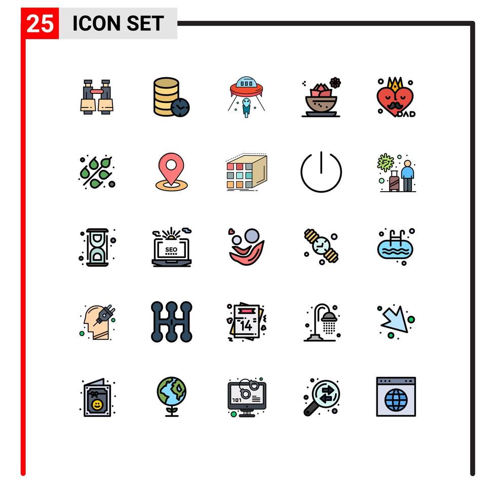 Set of 25 Vector Filled line Flat Colors on Grid for spa local watch center spaceship Editable Vector Design Elements