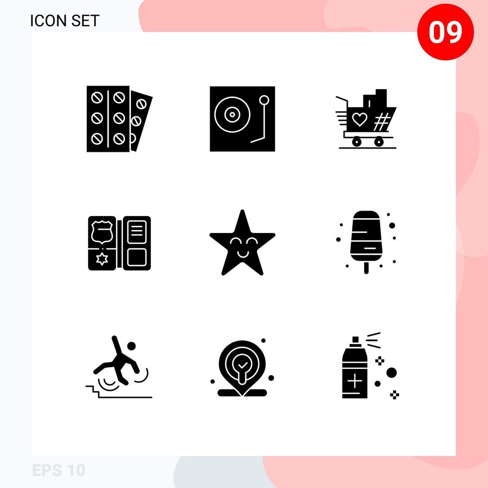 Solid Glyph Pack of 9 Universal Symbols of fable american vinyl shield heart Editable Vector Design Elements