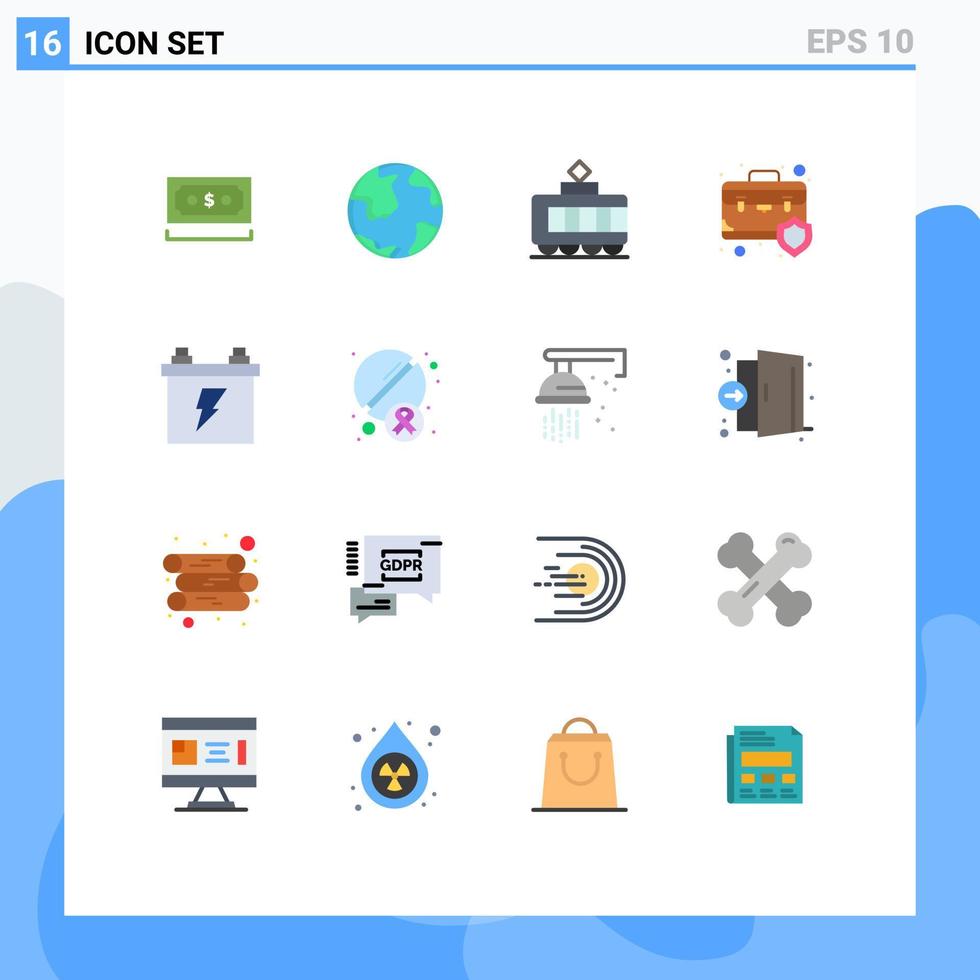 Set of 16 Modern UI Icons Symbols Signs for protection shield case geography briefcase transport Editable Pack of Creative Vector Design Elements