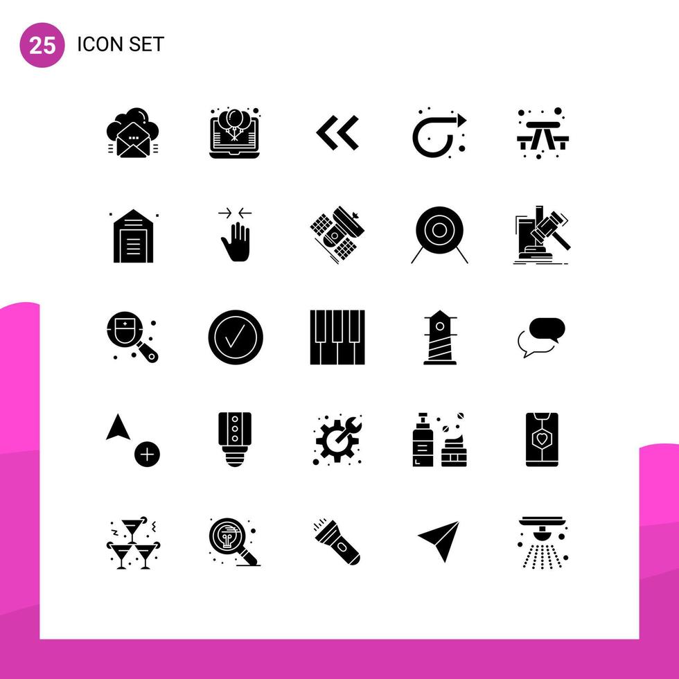 25 Universal Solid Glyph Signs Symbols of bench repeat party forward back Editable Vector Design Elements