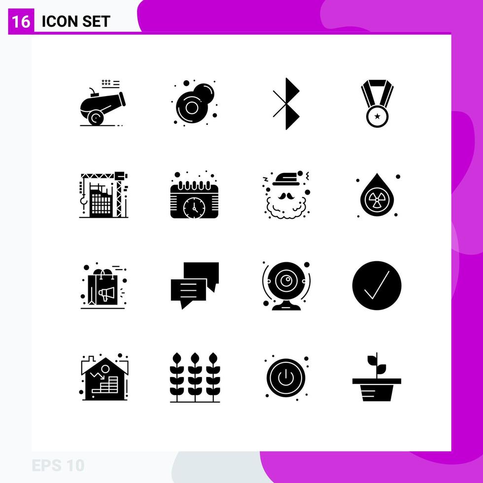 Modern Set of 16 Solid Glyphs and symbols such as machine hook connection crane medal Editable Vector Design Elements