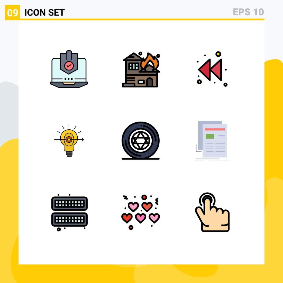 Filledline Flat Color Pack of 9 Universal Symbols of business success burning bulb left Editable Vector Design Elements