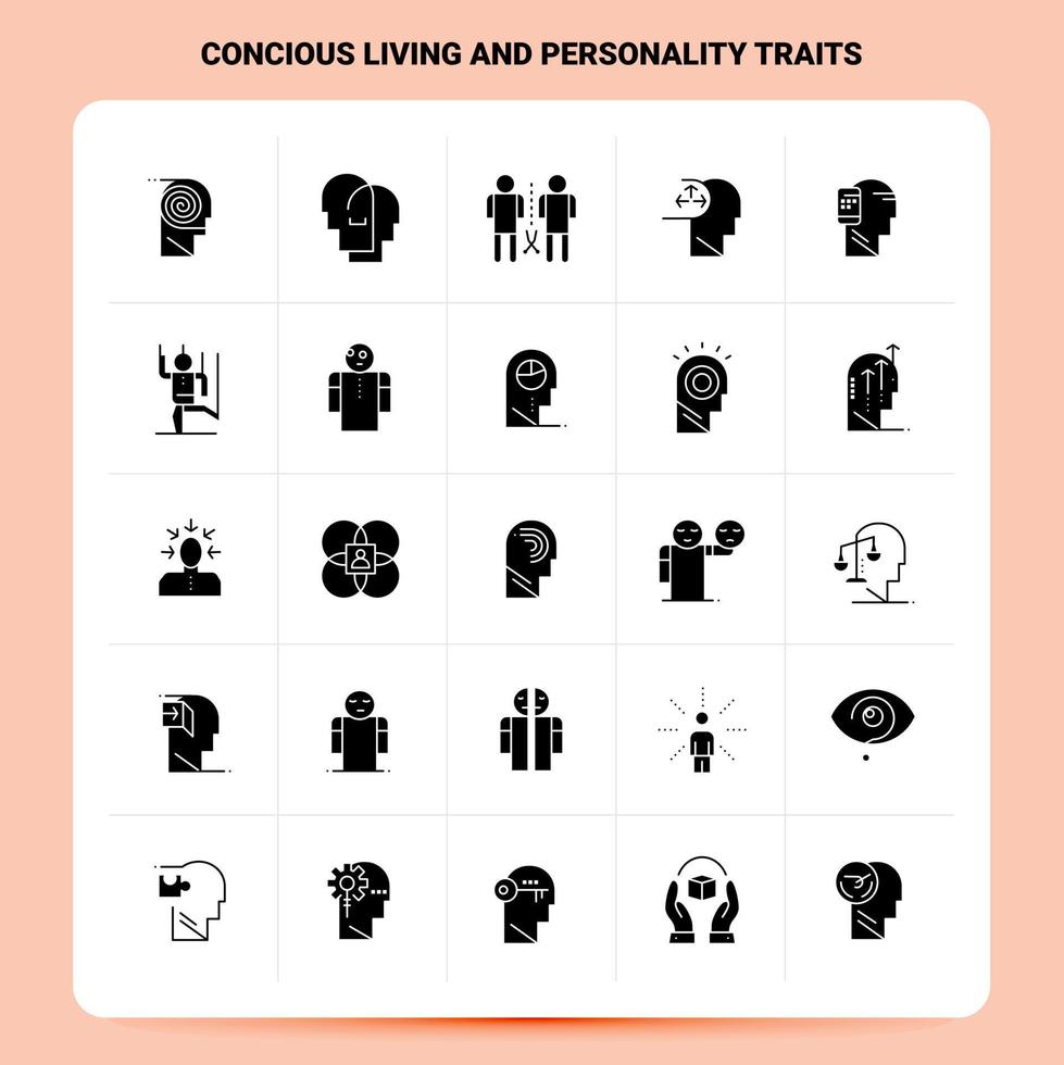 Solid 25 Concious Living And Personality Traits Icon set Vector Glyph Style Design Black Icons Set Web and Mobile Business ideas design Vector Illustration