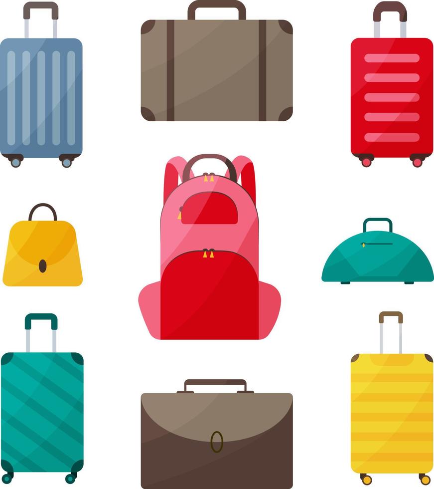 un juego de bolsas de viaje. un conjunto multicolor compuesto por una maleta, un bolso, una mochila, una maleta y también un maletín y una pequeña bolsa de viaje. equipaje de viaje Ilustración vectorial sobre fondo blanco. vector