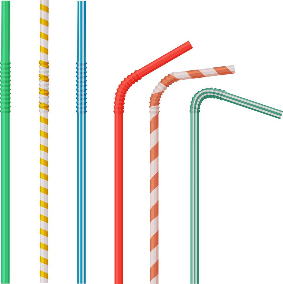 Colorful cocktail tubes. Colored and striped drink straws for parties in red, blue, green and orange. Vector illustration isolated on white background.