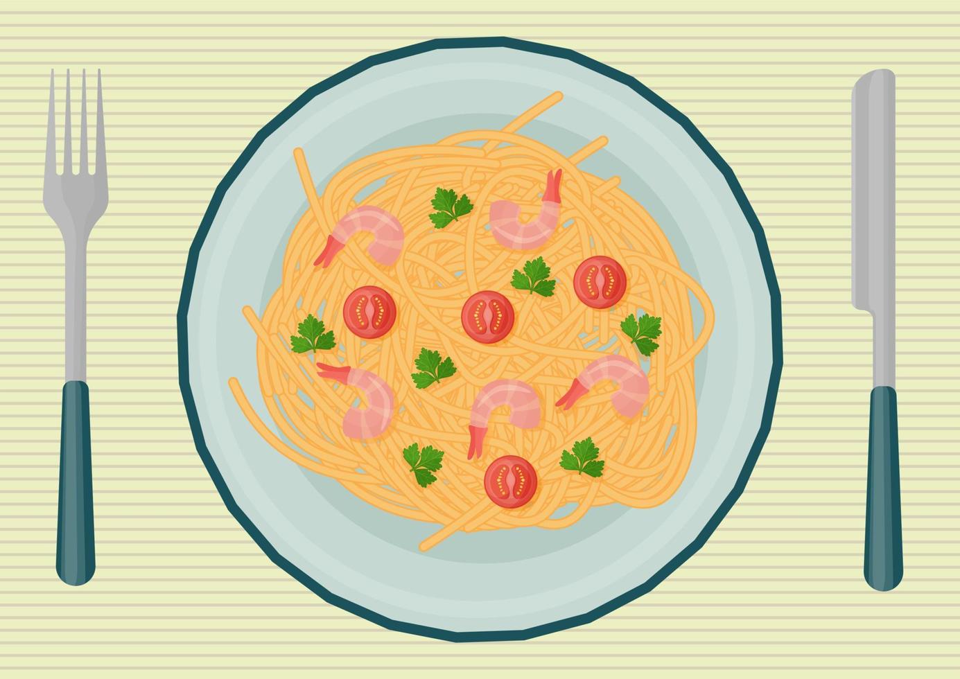 apetitosos platos de espagueti de la cocina mediterránea, que consisten en productos como macarrones, tomates, camarones, perejil. pasta en un plato sobre una servilleta con cuchillo y tenedor. vector. vector