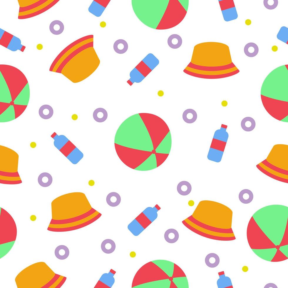un patrón transparente de playa de verano brillante con una gorra de pelota de playa y una botella de agua en diferentes colores. ilustración vectorial vector