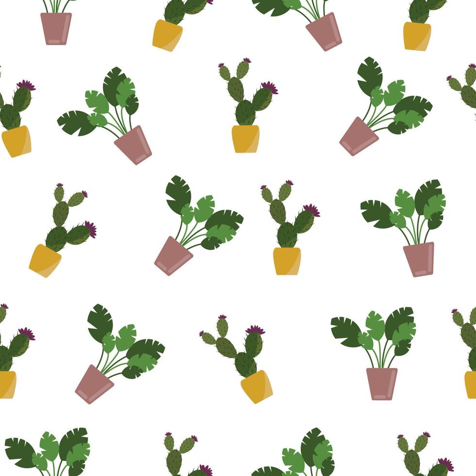 A bright seamless pattern featuring a flower and cacti in pots. Green potted plants pattern. Vector illustration on white background.