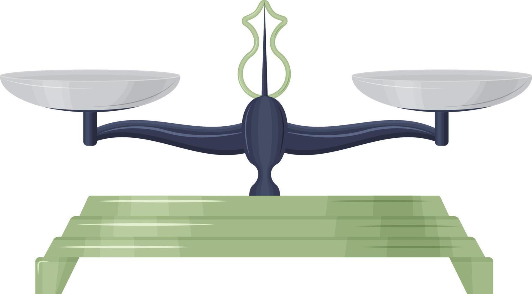 Trade scales for weighing products, and other various items, consisting of a black case, a green stand and silver cups. Vector illustration isolated on a white background.
