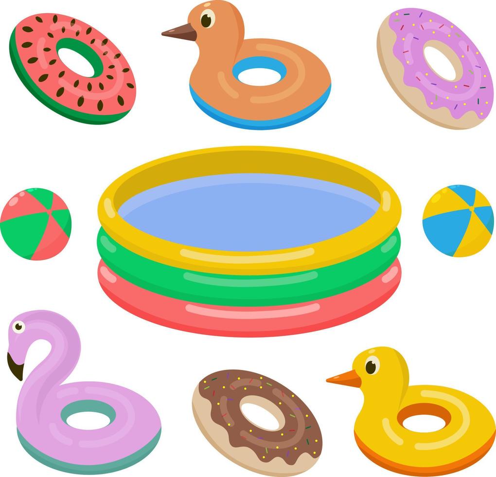 A bright summer children s set of inflatable circles, duck balls and an inflatable pool. For swimming and beach children s recreation. Beach set. Vector illustration isolated on white background.
