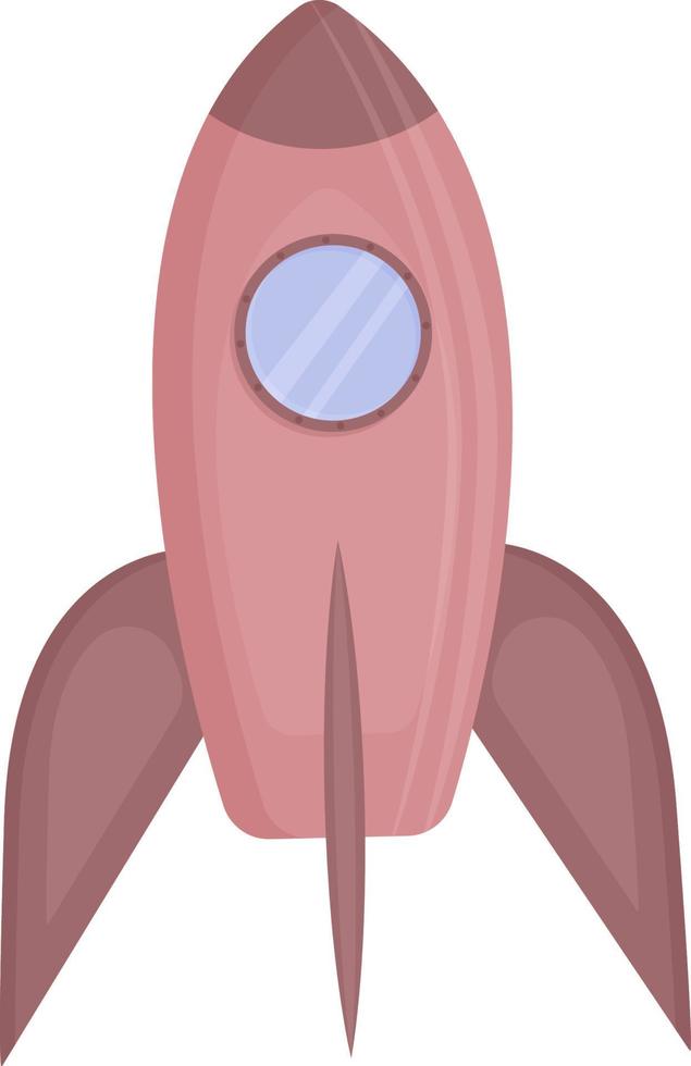 A pink rocket with a blue porthole. Children s drawing of a spaceship in a cartoon style. Vector illustration isolated on white background.