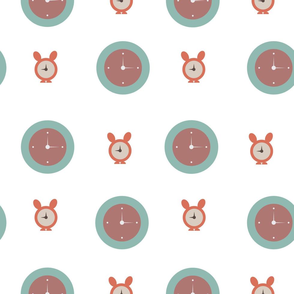 Children s seamless pattern with a clock with a red dial and an alarm clock with bunny ears. Vector .