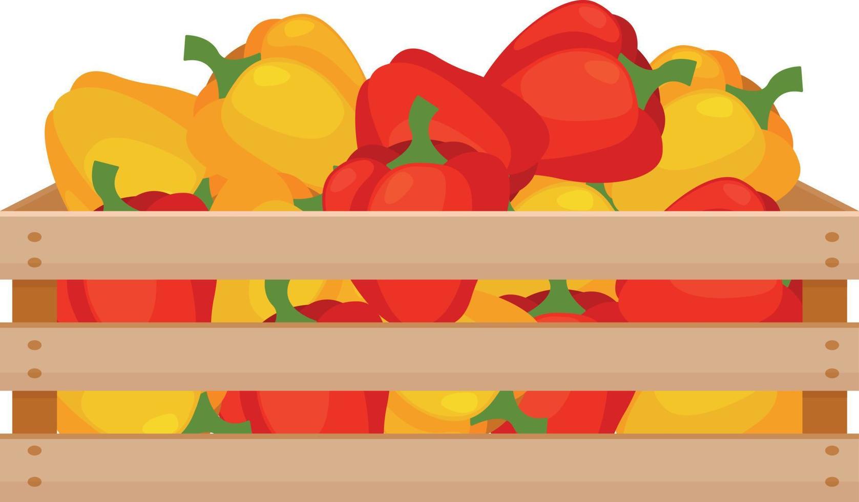 A bright autumn illustration depicting a wooden box with red and yellow bell peppers. The harvested harvest of Bulgarian pepper in a box made of wood. Vector illustration on a white background