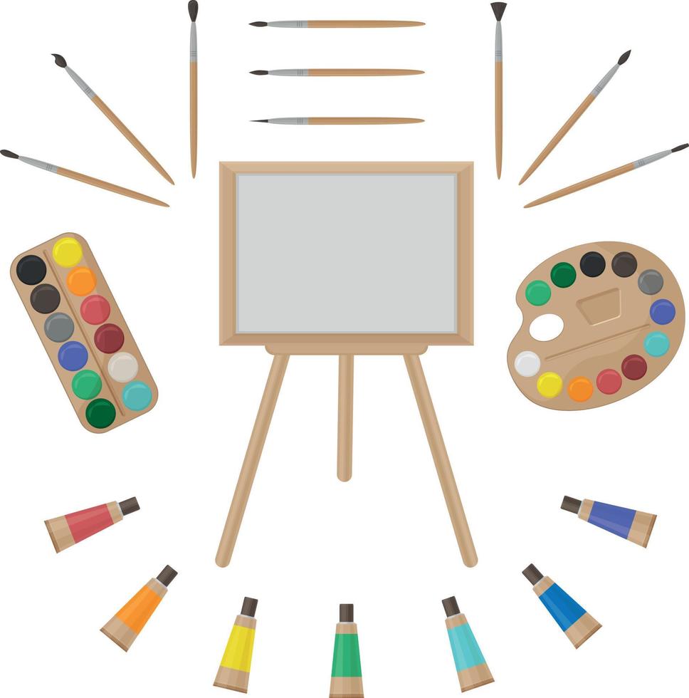 A large set for artists consisting of paints, brushes, an easel, a palette for mixing paints and paints in tubes. A school drawing kit. Canvas for creativity. Vector illustration.