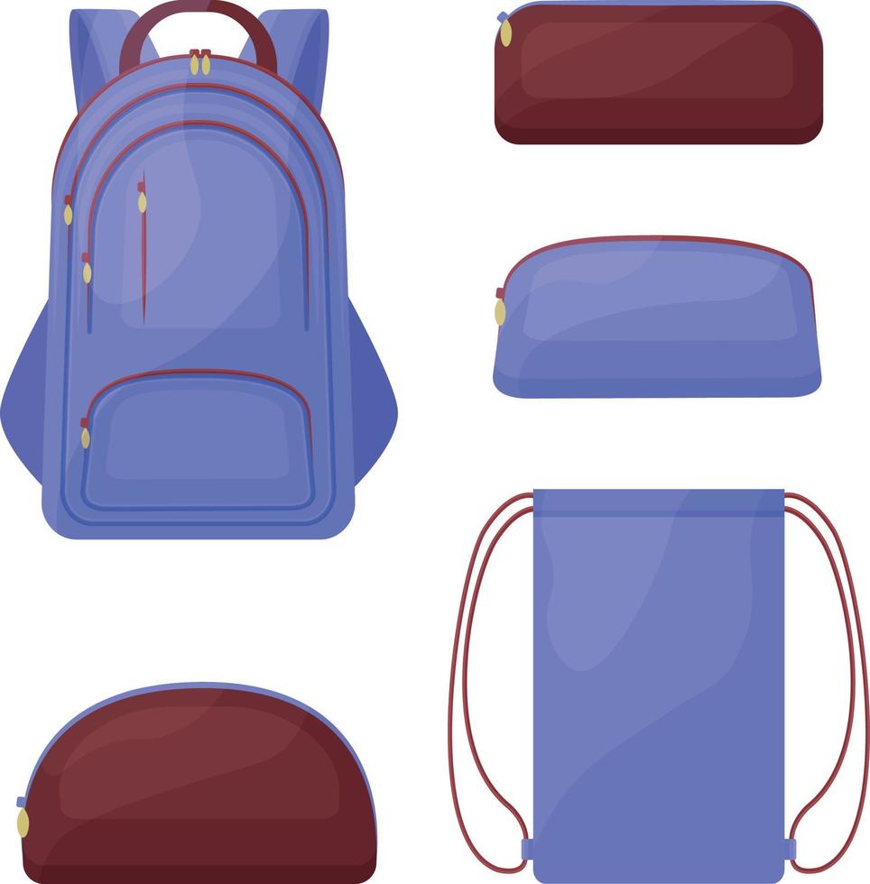 A school kit consisting of blue and brown school bags, such as a backpack, a rectangular and round pencil case for pens and pencils, and a shoe bag. Vector illustration isolated on a white background