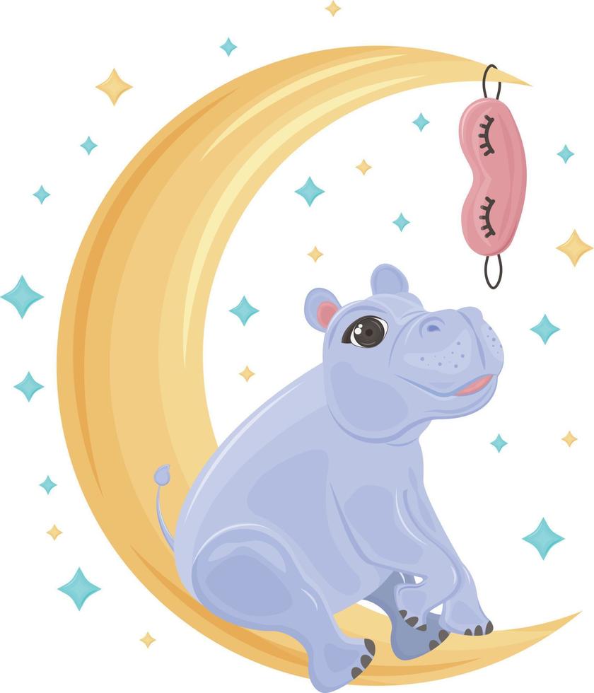 Cute children s illustration featuring a cute baby hippo sitting on the moon and looking at a sleep mask surrounded by stars. Hippo sitting on a crescent moon, children s printed illustration. Vector