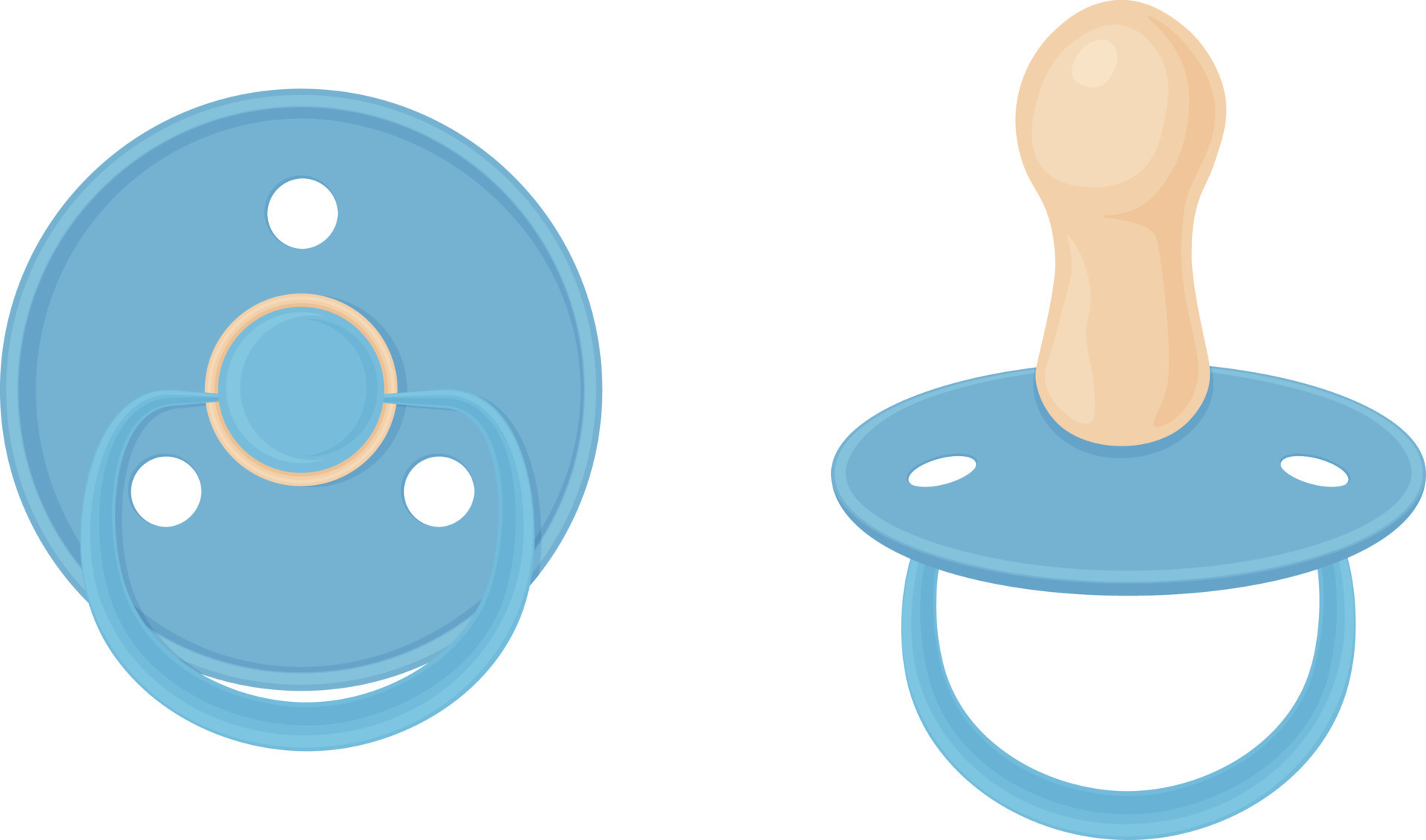 Baby pacifier nipples, blue. Baby nipples, side view and bottom view