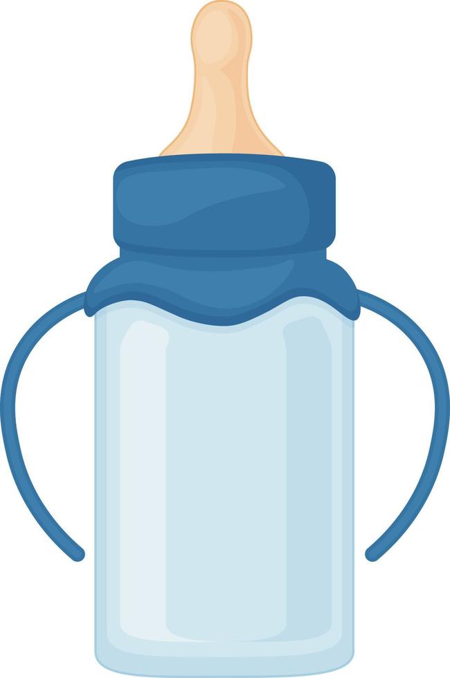 A bottle with a pacifier for babies. An empty bottle with blue handles, for feeding newborns. A bottle of baby milk. Vector illustration isolated on a white background