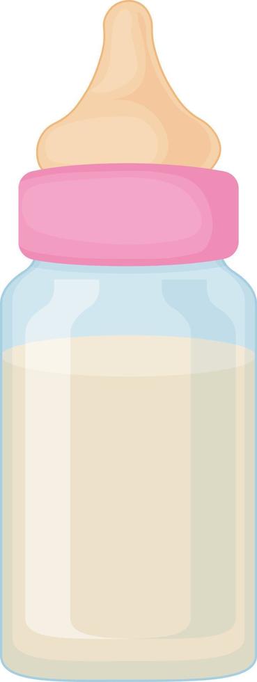 A bottle with a pacifier for babies. A bottle for feeding newborns filled with milk. Baby milk bottle. Vector illustration isolated on a white background