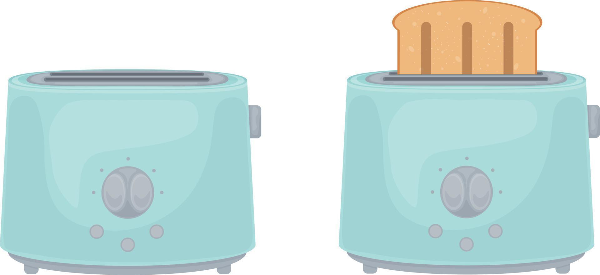 ilustración con la imagen de tostadoras azules. tostadora con tostadas y vacía. un aparato de cocina eléctrico diseñado para asar finas rebanadas de pan. ilustración vectorial aislada en un fondo blanco vector