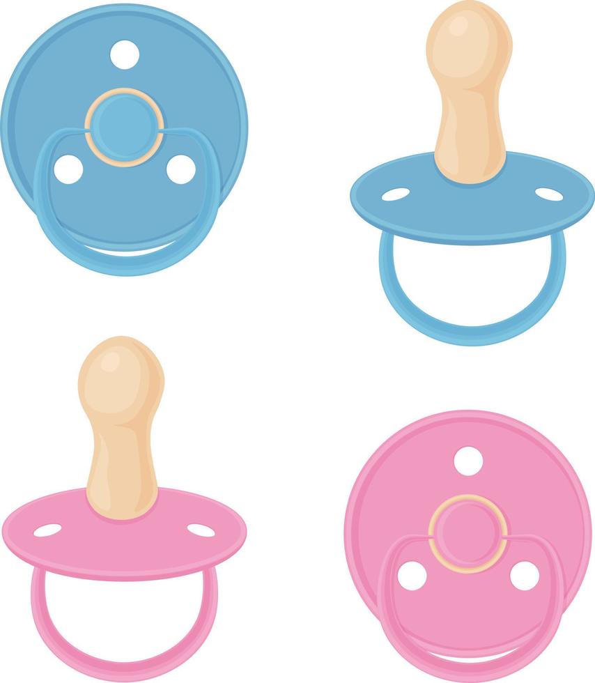 A set consisting of baby pacifiers in blue and pink colors. Collection of nipples.Baby nipples, side view and bottom view. Vector illustration isolated on a white background