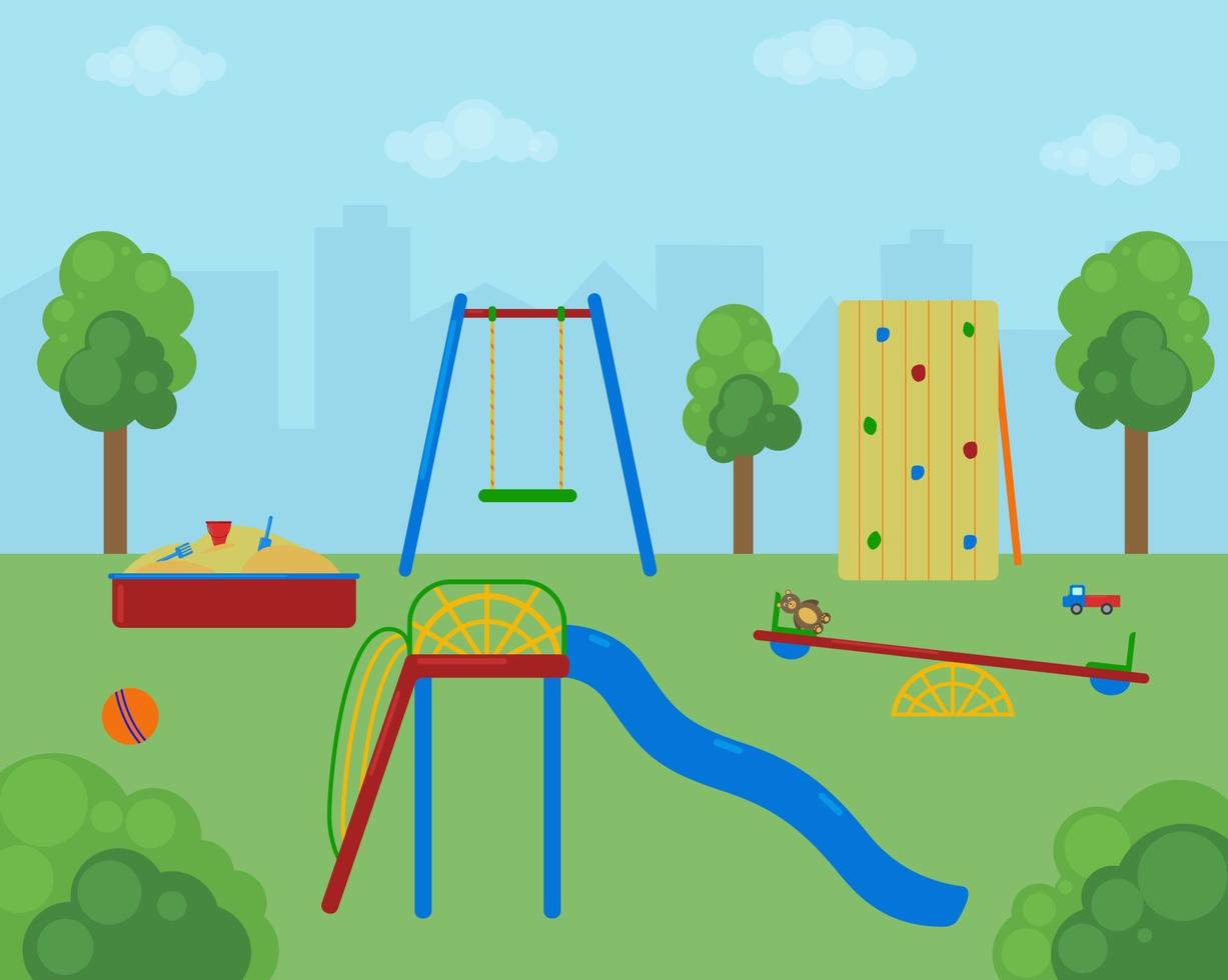 un divertido parque infantil en la hierba verde con columpios, un tobogán, un muro de escalada, una caja de arena y juguetes para niños.ilustración vectorial vector