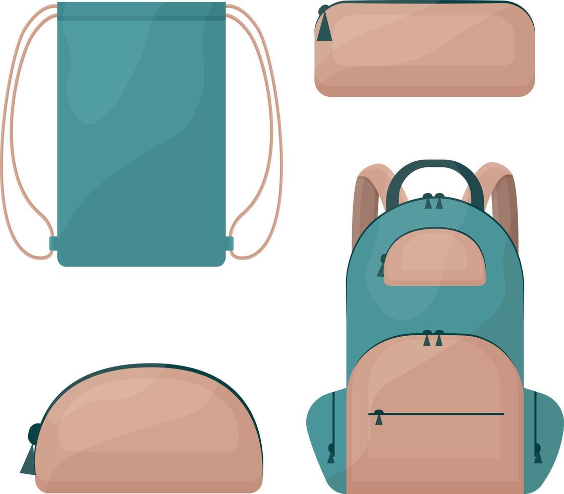 A school set consisting of school bags, such as a backpack, a rectangular and round pencil case for pens and pencils, and a shoe bag. Vector illustration isolated on a white background