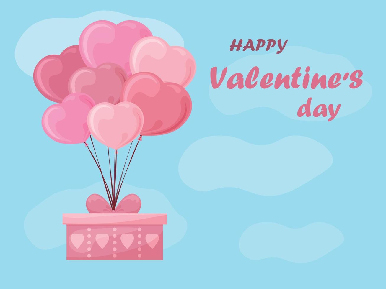 A bright romantic postcard with a picture of balloons with a gift box on a background of blue sky and clouds. Valentine s Day greeting card. A congratulatory flyer for Valentine s Day. Vector