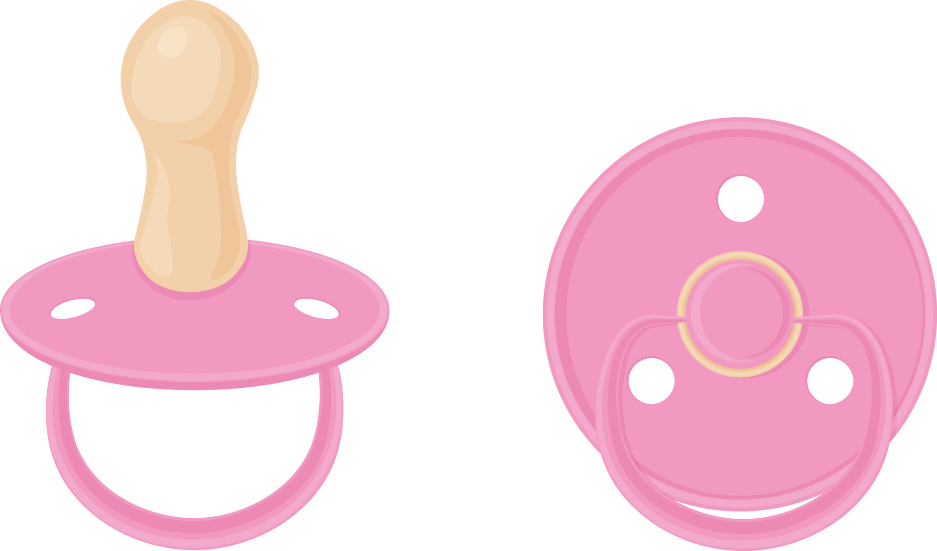 Baby pacifier nipples are pink. Baby nipples, side view and bottom view