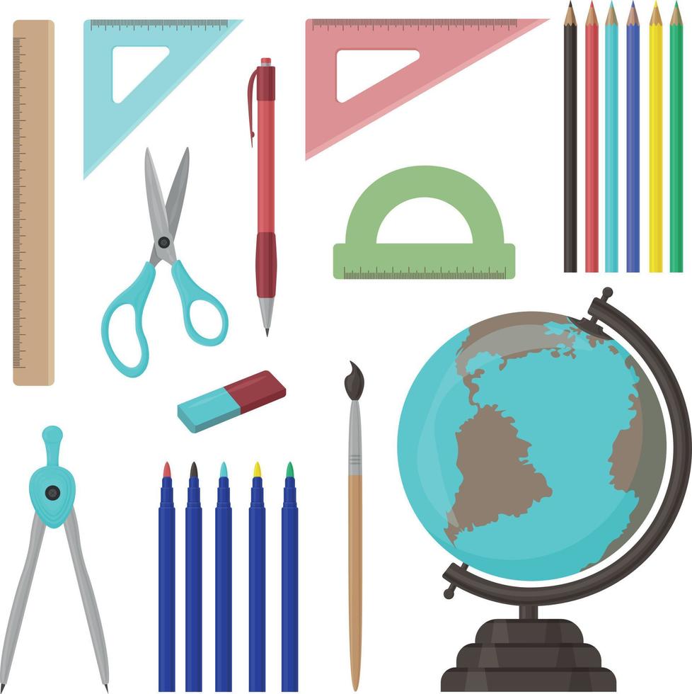 A large set of school supplies, stationery, such as a ruler protractor, scissors, ballpoint pen, pencils, compasses, eraser and also markers, brush and globe. Stationery set.Vector. white background vector