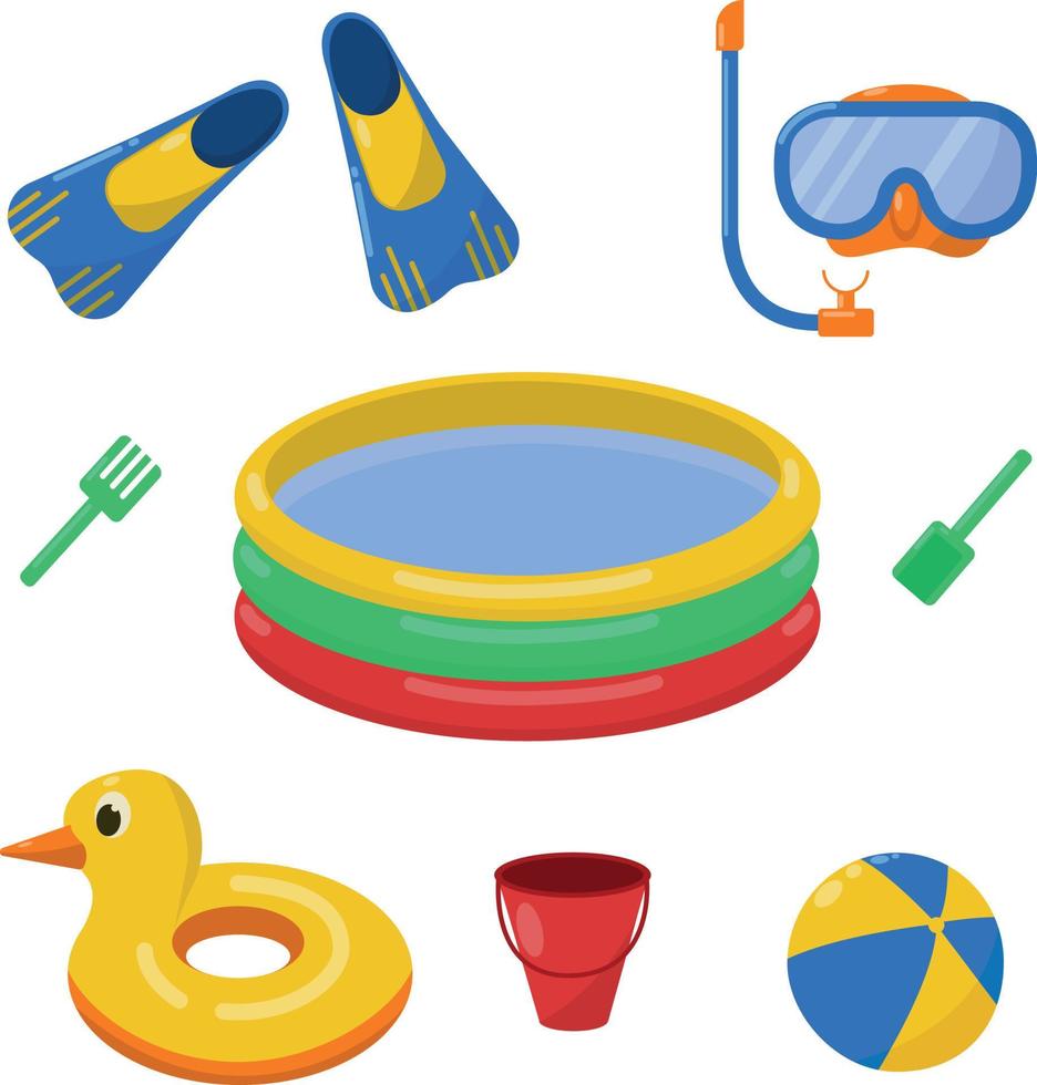 A bright summer set consisting of images of beach accessories such as a mask with a diving tube, fins,a sand bucket, as well as an inflatable children s pool, a beach ball, an inflatable duck. Vector