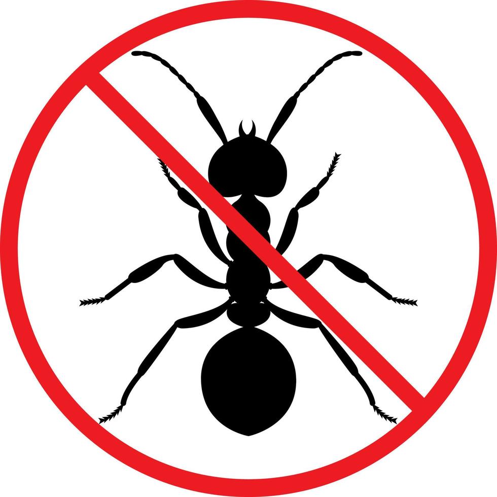 The silhouette of a ant in a red forbidding circle.The stop ant icon is a forbidding sign. No pests. Vector illustration isolated on white background.