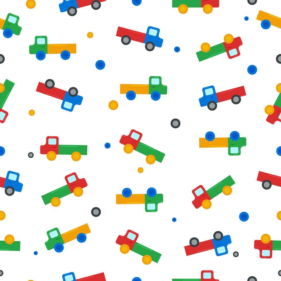 Cute seamless pattern consisting of colorful children s truck toys in red blue green and orange colors. Vector illustration.