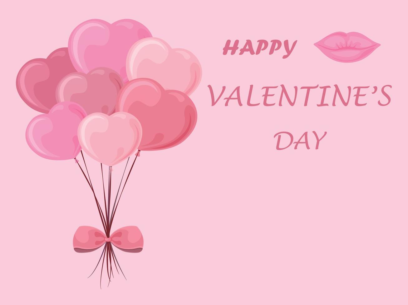 A bright romantic Valentine s day card with a picture of balloons in the form of hearts, lips and a congratulatory inscription. Happy Valentine s Day greeting flyer. Vector illustration