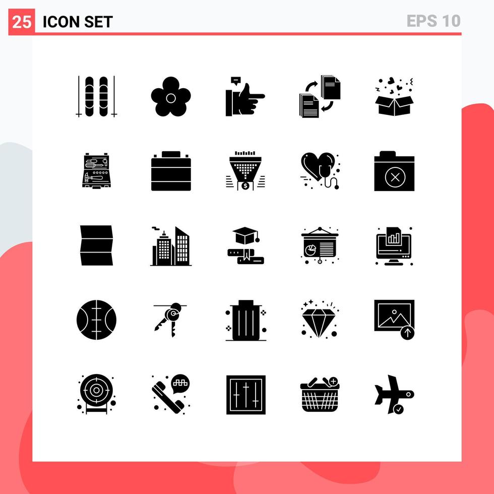 Pack of 25 Modern Solid Glyphs Signs and Symbols for Web Print Media such as heart box like copying file Editable Vector Design Elements