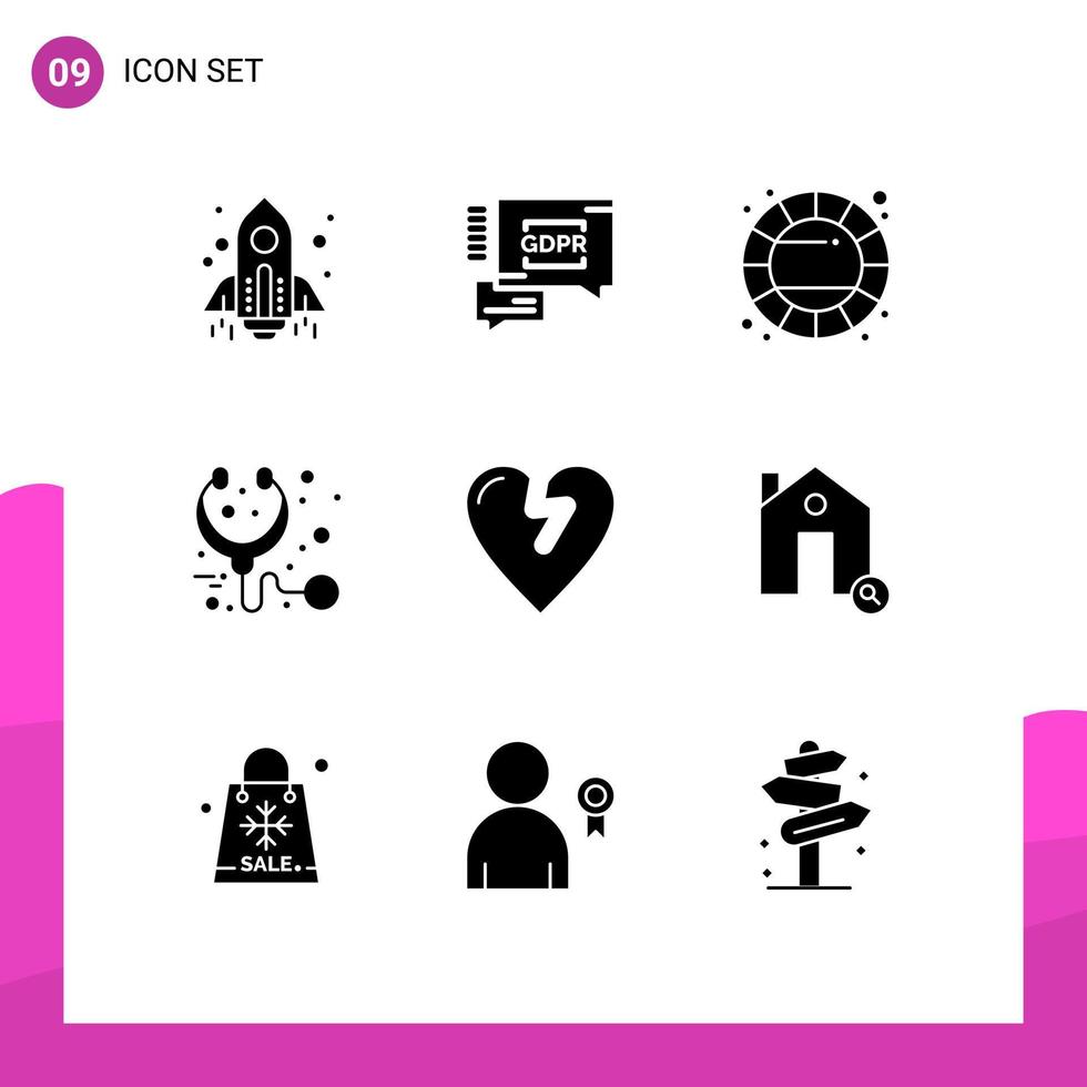 9 glifos sólidos universales establecidos para aplicaciones web y móviles amor ataque al corazón estetoscopio creativo salud elementos de diseño vectorial editables vector