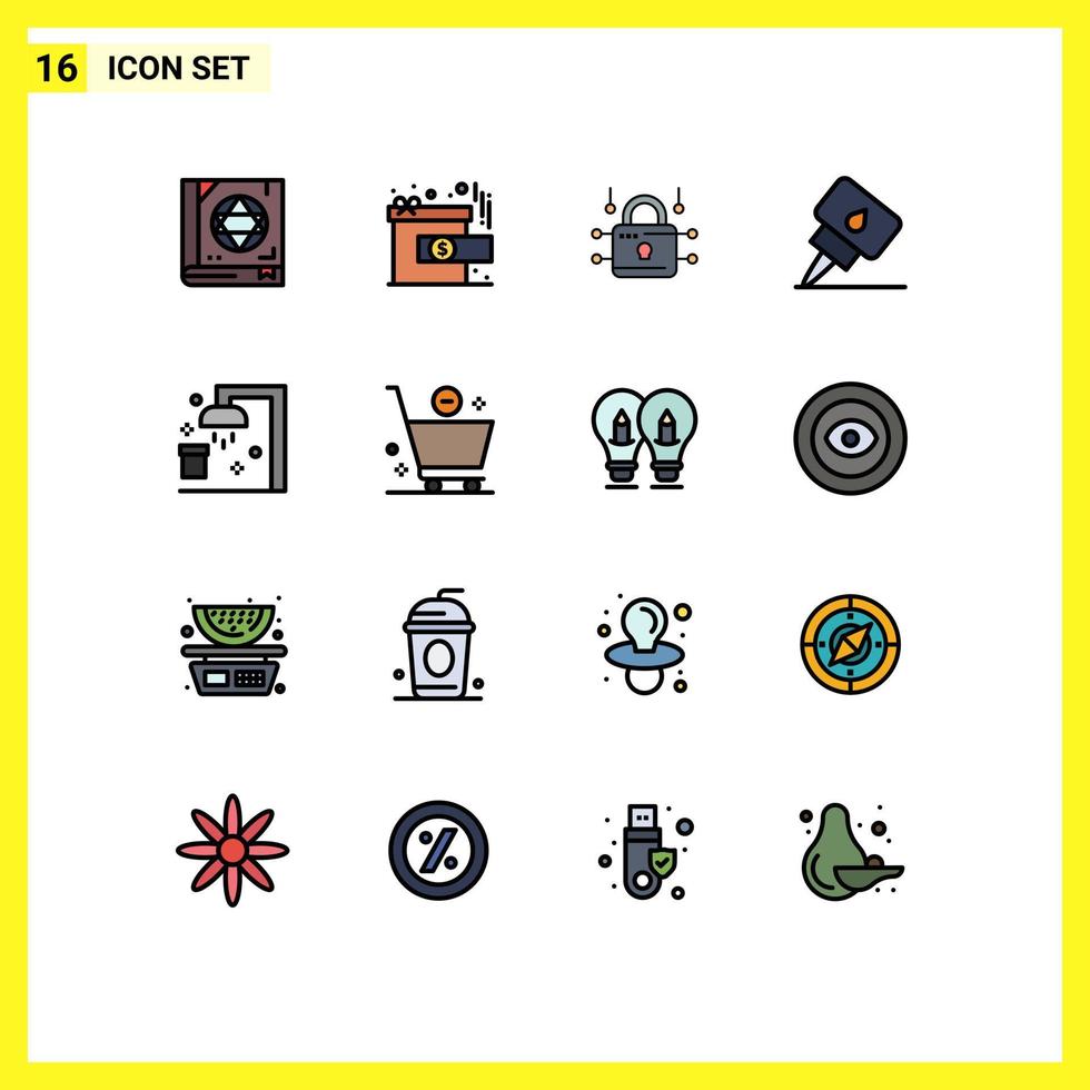 Pack of 16 creative Flat Color Filled Lines of shower bath louck oil engine Editable Creative Vector Design Elements