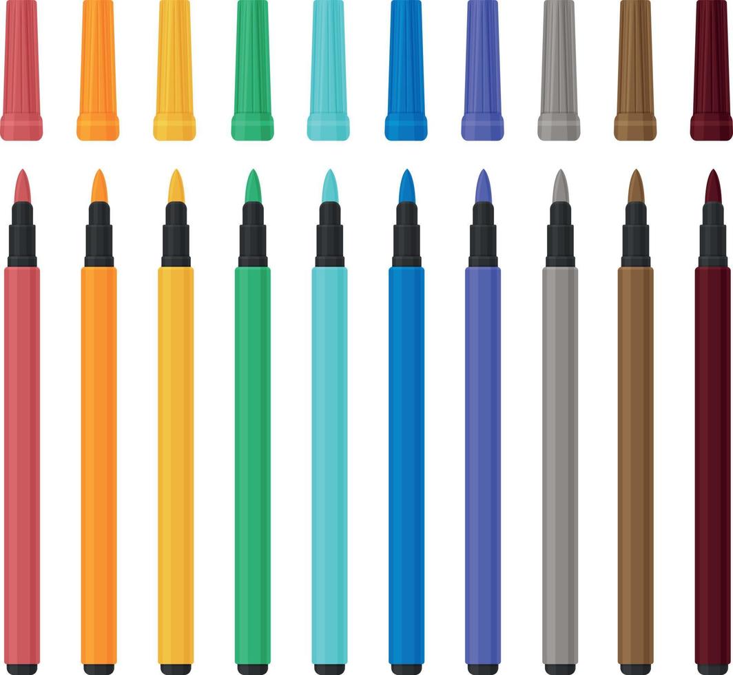 A bright school set of multi-colored markers, school objects and accessories for creativity and drawing. Stationery vector illustration on a white background