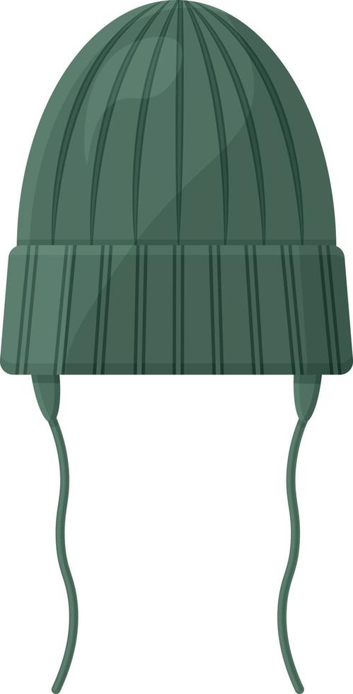 Gorro infantil de punto cálido de color verde con lazos. un cálido gorro verde para caminar cuando hace frío. ropa calida. ilustración vectorial aislada en un fondo blanco vector