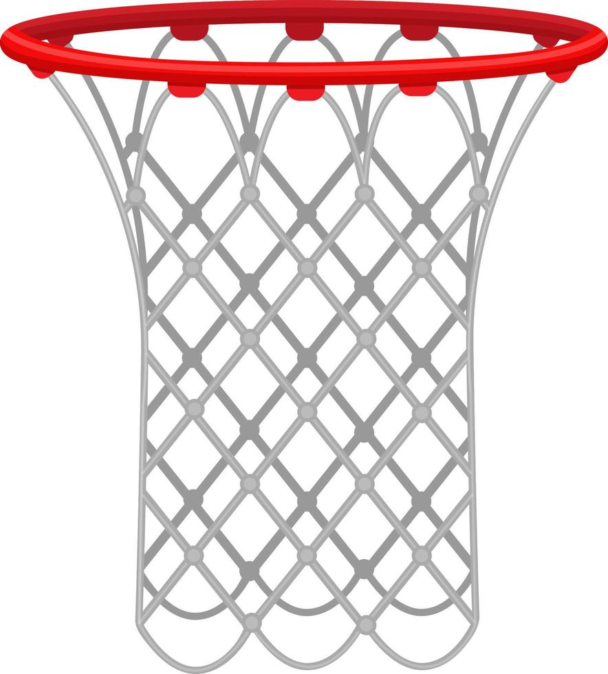 Red basketball hoop with a rope net, for playing basketball. Sports equipment. Vector illustration isolated on a white background.