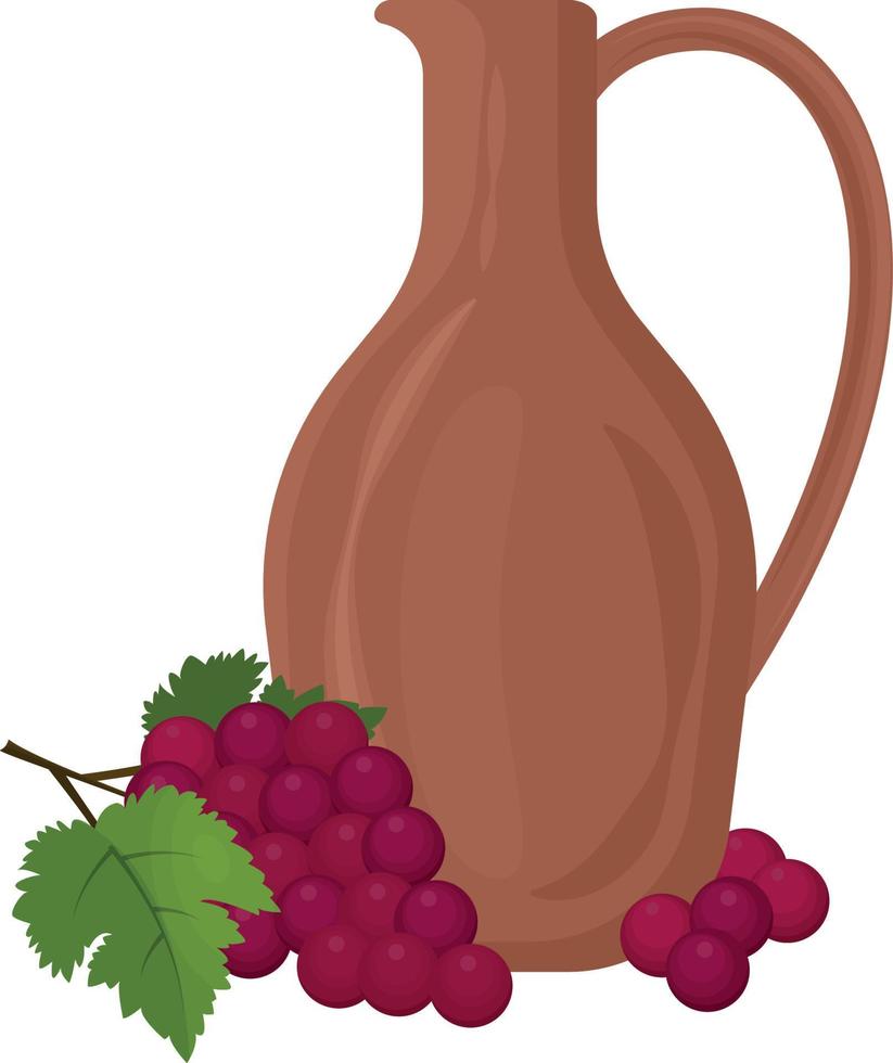 una jarra de arcilla para vino tinto con un racimo de uvas con hojas verdes de uva a su lado. una vasija de vino. una jarra de vino. ilustración vectorial aislado sobre fondo blanco. vector