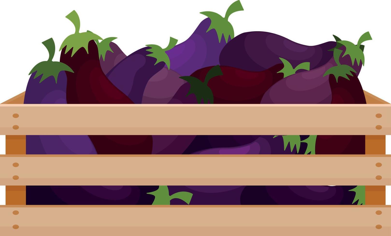 brillante ilustración otoñal con la imagen de una caja de madera con berenjenas una cosecha de berenjenas frescas en una caja de madera. las verduras están en el cajón. ilustración vectorial sobre un fondo blanco vector