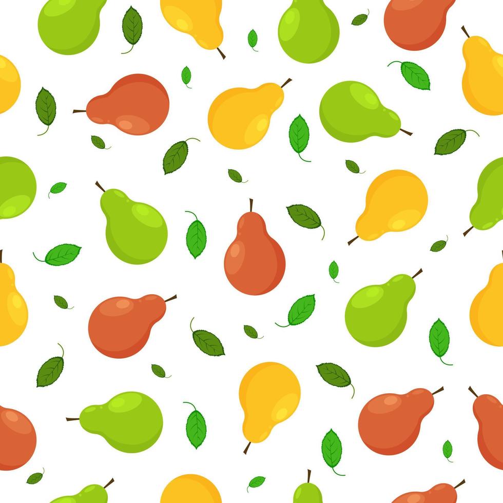 pera de fruta patrón transparente de verano brillante con la imagen de peras maduras de color amarillo naranja y verde con hojas verdes. Ilustración vectorial sobre fondo blanco. vector