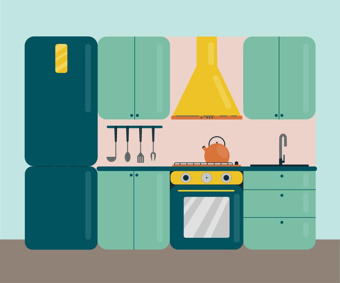 Vector illustration of a bright light green kitchen with a yellow hood, a faucet for washing dishes. With a cooking stove and a kettle standing on it. Kitchen utensils hang on the wall.